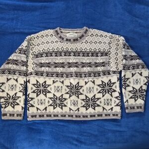 100% Wool Handknit Beige and Dark Brown Fair Isle Patterned Sweater